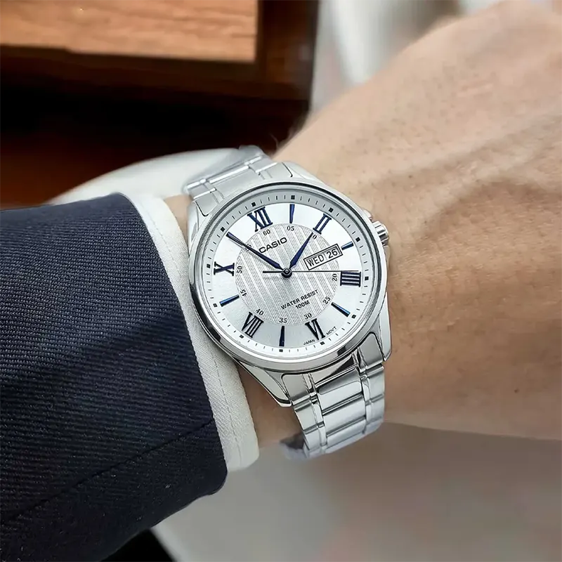 Casio Japan Quartz Date Day White Dial Men's Watch- MTP-1384D-7AV